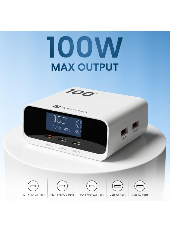 بورترونيكس Portronics 100W Adapto 100D Fast Charging 5 Port Adaptor with LCD Power Display, 3 Type C PD Port, 2 USB-A Mach Port, Fast Charging Compatible with Laptops, Macbooks, Smartphones (White) - Image 2